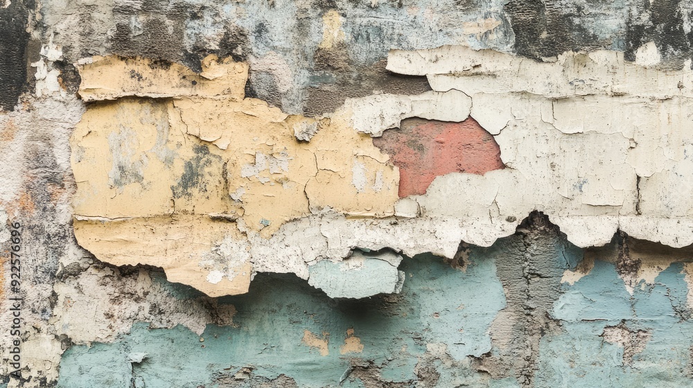 Poster a textured wall with layers of peeling paint, creating a rustic and weathered appearance.