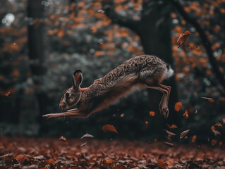 Obraz premium Big hare jumping through the air in an autumn forest