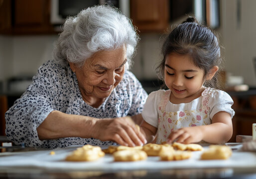 grandmother and granddaughter baking cookies together in the kitchen