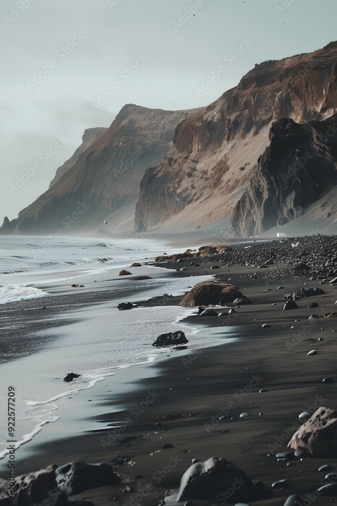 Poster black sand beach and mountain landscape