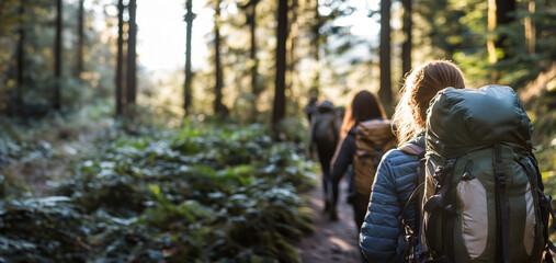 Fototapeta premium People hiking on a forest path 