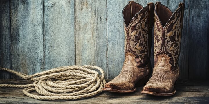 These stylish vintage cowboy boots feature unique designs and a coiled rope, set against a rustic wooden backdrop, creating a timeless Western ambiance ideal for cowboy and cowgirl fans