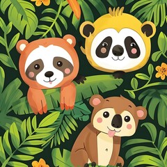 Obraz premium Cute Cartoon Pandas in the Jungle