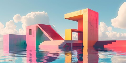 Fototapeta premium Abstract Geometric Architecture with Pink, Yellow and Blue Colors