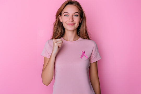 Confident young woman wearing pink ribbon for breast cancer awareness, fist raised in victory to show strength and support.