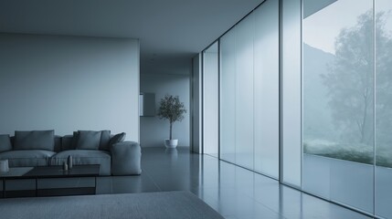 Modern room featuring smart switchable glass windows that transition from transparent to opaque, providing privacy and energy efficiency.