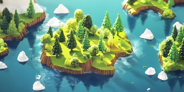 Low Poly Green Forest Island With Icebergs