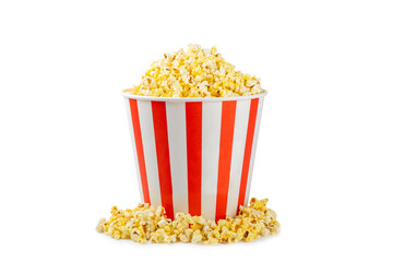Popcorn box. Red and white striped buckets of salted popcorn isolated on white background. Cinema...