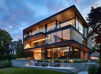 Fototapeta premium Modern Glass and Concrete House with Outdoor Patio
