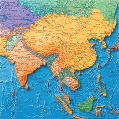 Fototapeta premium A detailed digital map of Asia, highlighting the region's countries, borders, and major cities in vibrant colors