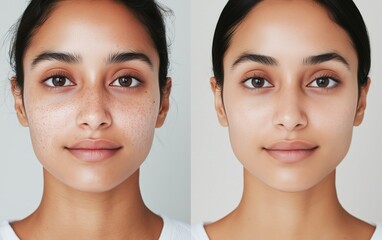 Female face before and after, from acne-prone to clear skin. Effect of skincare pimple treatment: benzoyl peroxide, salicylic acid, retinol, laser therapy.