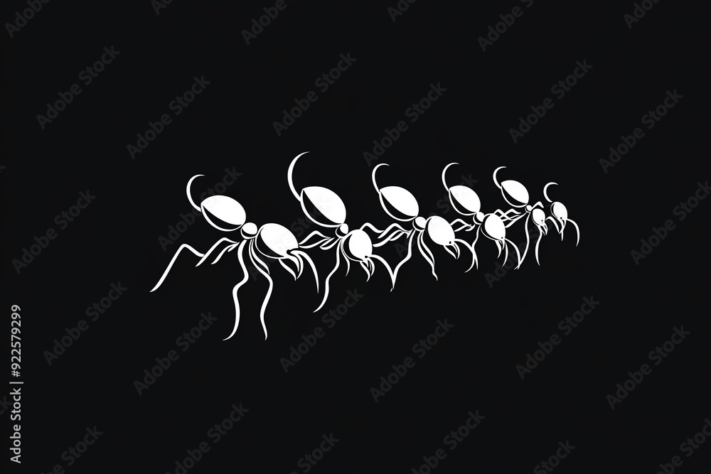 Poster monochrome vector illustration of ants marching in line on black background, simplistic and minimali