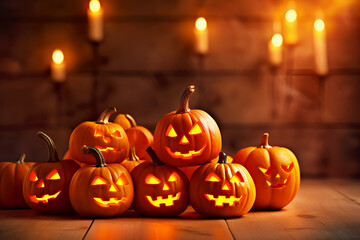 Fototapeta premium Group of glowing Halloween pumpkins arranged with lit candles in background, creating cozy and spooky atmosphere. Ideal for Halloween decorations and festive settings