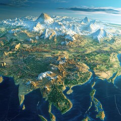 A digital rendering of Asia, with detailed topographical features and major cities highlighted