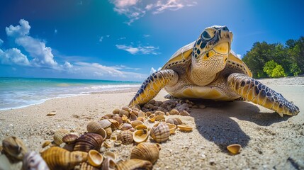 Obraz premium A turtle crawls on a sunny sea beach