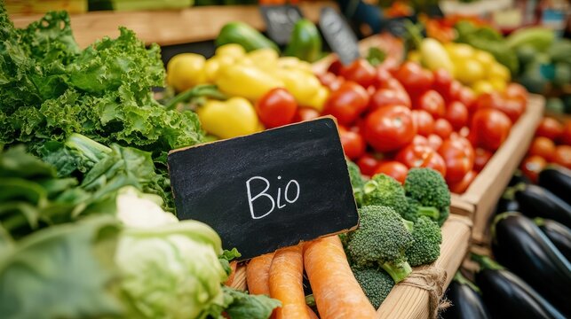 Regionaler Bioladen / Bauernmarkt, vegetarisch, vegan Essen Hintergrund- Verk&Atilde;&curren;ufer h&Atilde;&curren;lt Schild mit dem Text " Bio " in seinen H&Atilde;&curren;nden, im Hintergrund frisches gesundes Gem&Atilde;&frac14;se