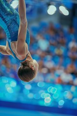 Naklejka premium Graceful Gymnast Mid-Flip with Audience in Background - Sports Photography for Posters, Prints, and Cards