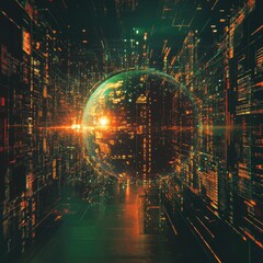 Fototapeta premium A conceptual art piece featuring a globe with interwoven lines and nodes, depicting the interconnected world