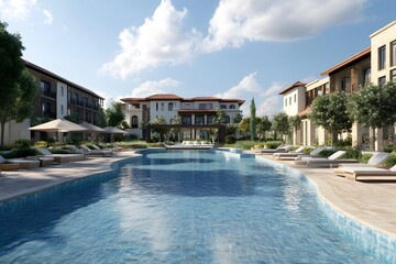 Fototapeta premium Luxury Resort Swimming Pool With Blue Sky And White Clouds