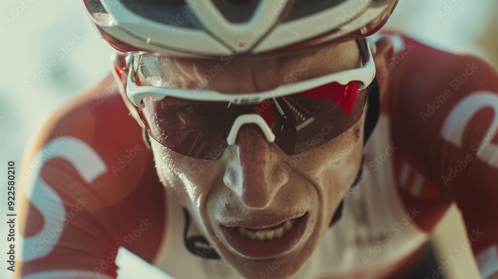 Poster intense close-up of cyclist sprinting towards finish line with determination and speed