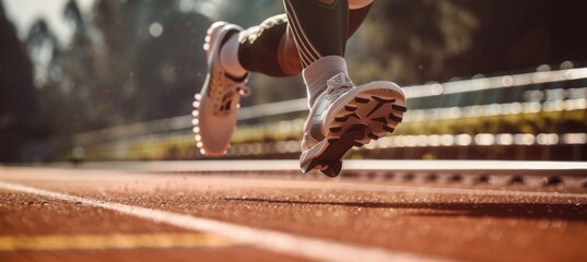 Disabled Athlete's Sprinting Prosthetic Running Blade in Motion on Professional Track