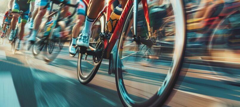 Intense Cycling Race with Competitors Blurred in the Background Highlighting Speed and Power