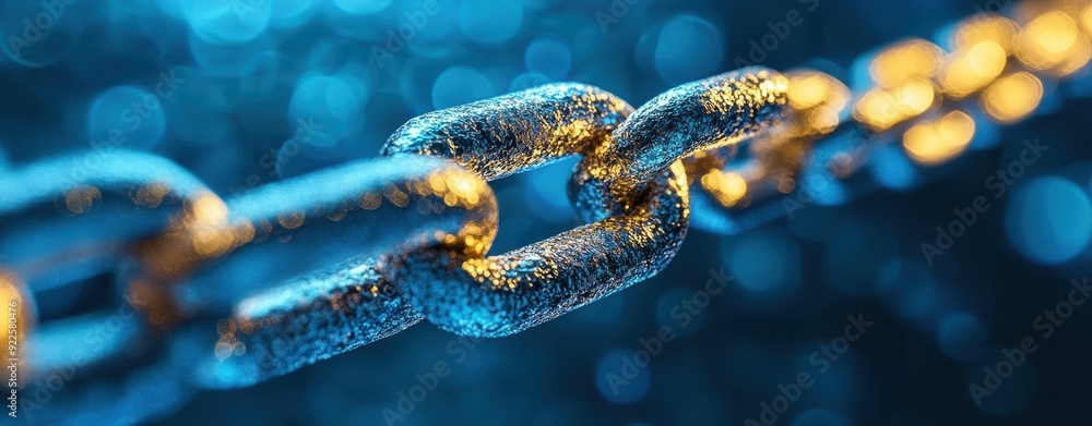 Poster a chain of interconnected golden chains against a blue background, symbolizing the concept of blockc