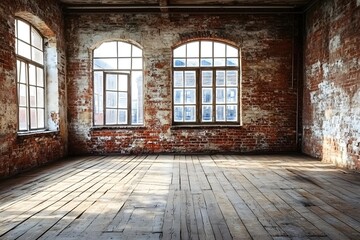 Empty Room With Large Windows and Brick Walls