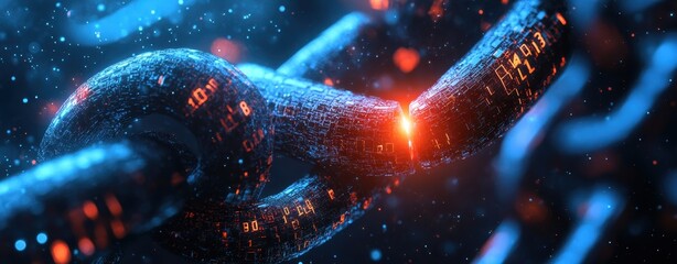 A close-up of a chain, symbolizing control and security in blockchain technology. The background is filled with digital numbers representing data flow