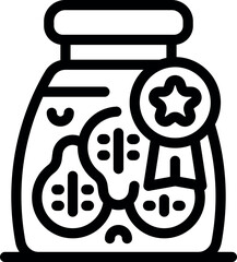 Line drawing of a glass jar with pickles inside and a medal with a star and a ribbon on it, representing a prize for quality