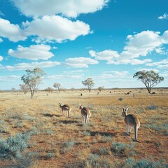 Naklejka premium A group of kangaroos grazing on a vast Australian outback under a bright blue sky, surrounded by native bushland