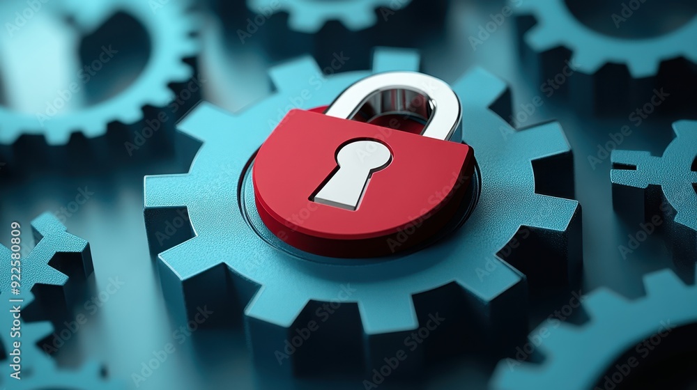 Poster a red lock icon with a white keyhole is placed on top of a circular gear, symbolizing security and p