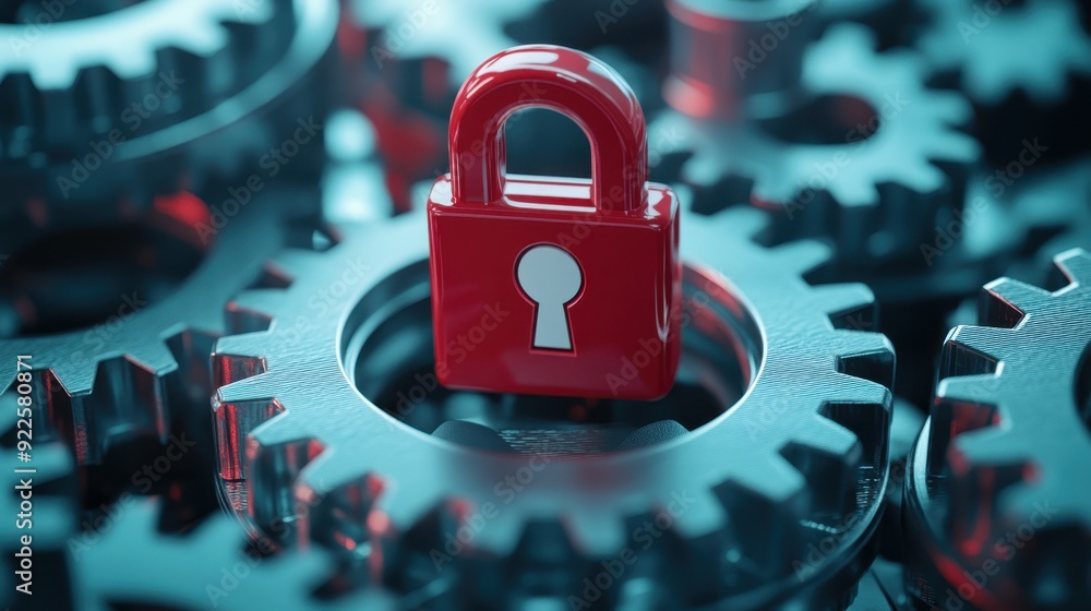 Poster a red lock icon with a white keyhole is placed on top of a circular gear, symbolizing security and p
