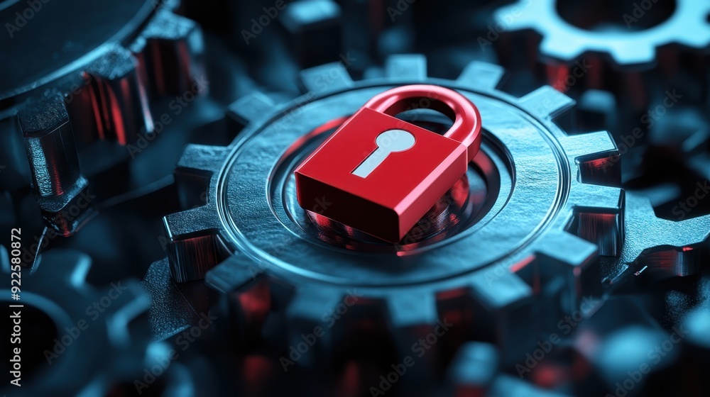 Poster a red lock icon with a white keyhole is placed on top of a circular gear, symbolizing security and p