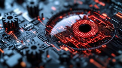 Fototapeta premium A red and black lock icon in front of eye, symbolizing data security, set against a background of gray digital elements, such as gears or cables. 