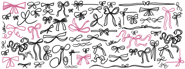 Set of bows on white background. Outline vector with ribbons and ties. Trendy design. Hand drawn.