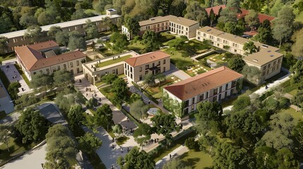 Fototapeta premium Aerial View of Modern Campus Architecture with Trees and People