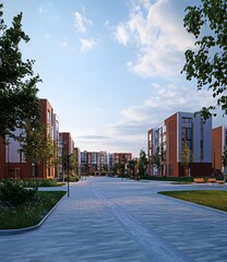 Modern Residential Buildings with Green Landscape and Paved Walkway