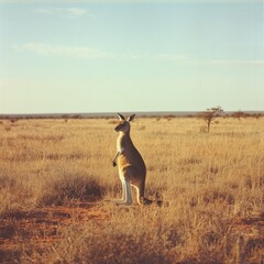 A lone kangaroo standing alert in the middle of an open field with the Australian wilderness stretching into the horizon