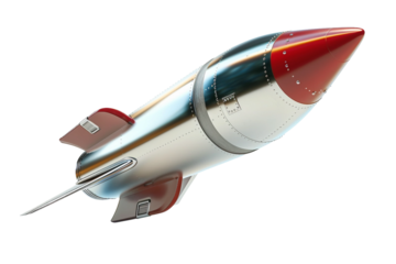 3d high-tech rocket with metallic sheen floating in space isolated on transparent background