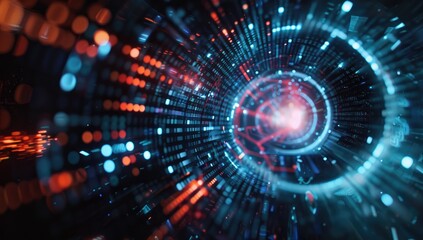 Obraz premium Abstract High-Tech Digital Tunnel of Glowing Red and Blue LED Lights, Abstract Vortex of Particles for Futuristic Technology, Quantum Computing, AI Neural Networks, and Space Exploration Themes, 