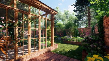 Fototapeta premium Sunlit Garden Patio with Brick Walls and Flowers