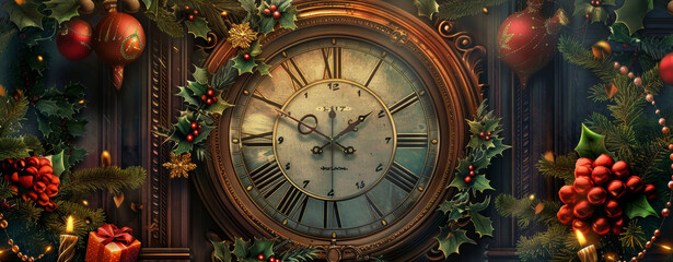 Victorian Christmas Clock Striking Midnight with Traditional Holiday Decorations and Ornaments