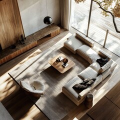 A minimalist living room seen from above, with a clean layout, modern furnishings, and a warm color scheme