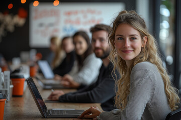 A dynamic team of professionals working together in a modern office setting. The image captures the essence of collaboration, innovation, and diversity in the workplace