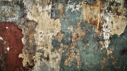 A weathered wall with peeling paint and a rough texture, capturing the passage of time and decay.