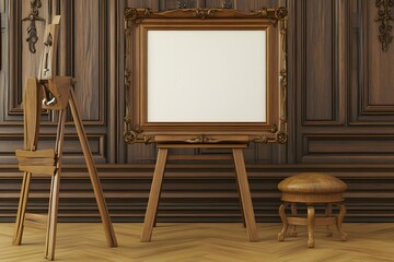 Wooden Easel with Blank Canvas and Ornate Frame in Vintage Interior