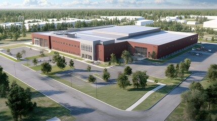 Obraz premium Aerial View of Modern Industrial Building with Large Parking Lot