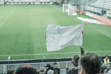 Mecz piłki nożnej, kibic z flagą