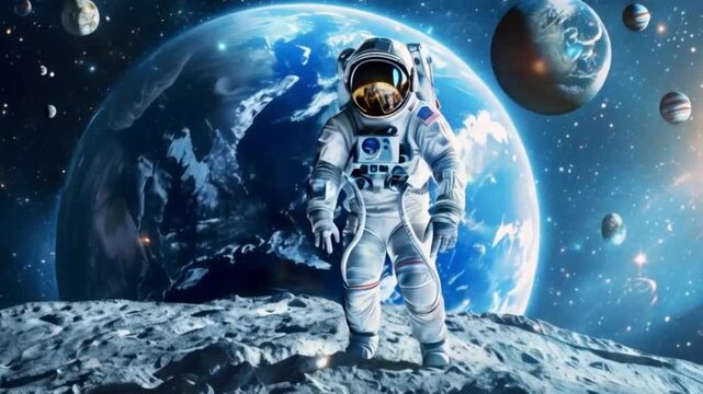 Astronaut on the Moon Facing Earth with a Wormhole Distorting the Universe &ndash; Augmented Reality and Sci-Fi Concept